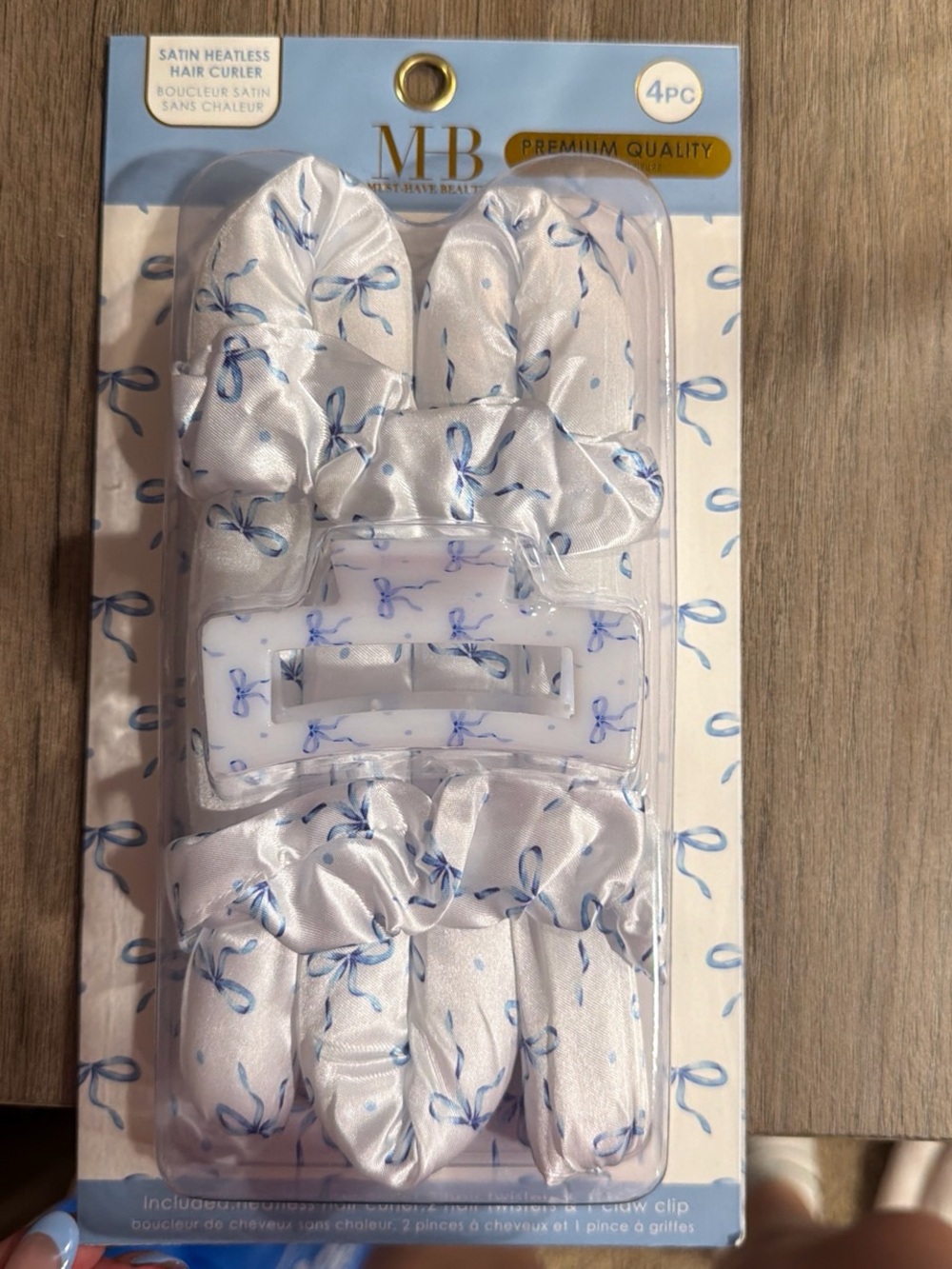 MB Satin Heatless Hair Curler Set - White with Blue Bow Print